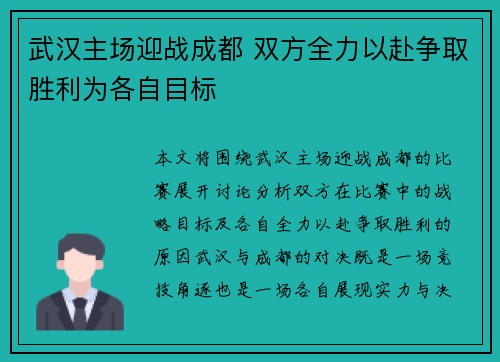 武汉主场迎战成都 双方全力以赴争取胜利为各自目标