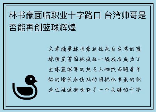 林书豪面临职业十字路口 台湾帅哥是否能再创篮球辉煌