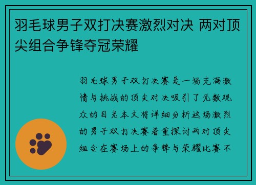 羽毛球男子双打决赛激烈对决 两对顶尖组合争锋夺冠荣耀