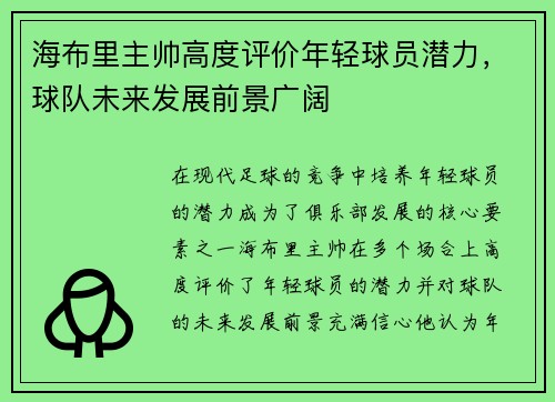 海布里主帅高度评价年轻球员潜力，球队未来发展前景广阔